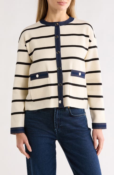 Denim Trim Stripe Ribbed Cardigan