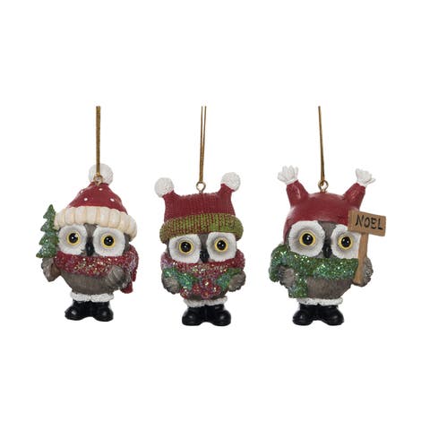 Resin Sweet Holiday Owl Ornament Set of Three Christmas Decor