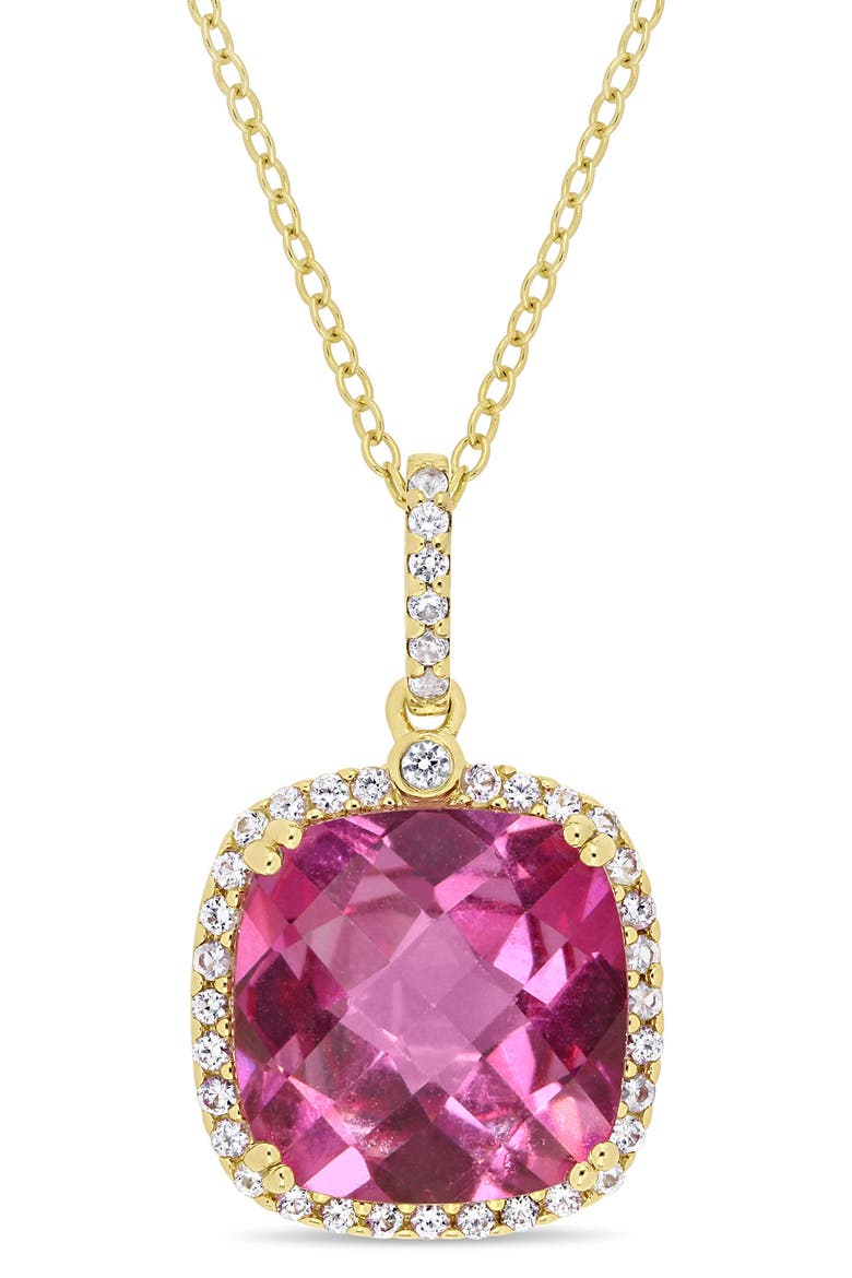 Goldtone Plate Sterling Silver Pink Topaz & White Sapphire Halo Pendant Necklace, Main, color, PINK