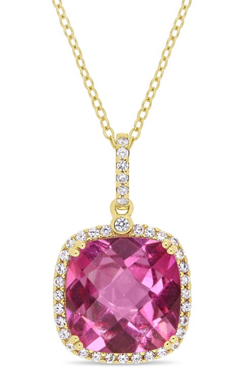Goldtone Plate Sterling Silver Pink Topaz & White Sapphire Halo Pendant Necklace