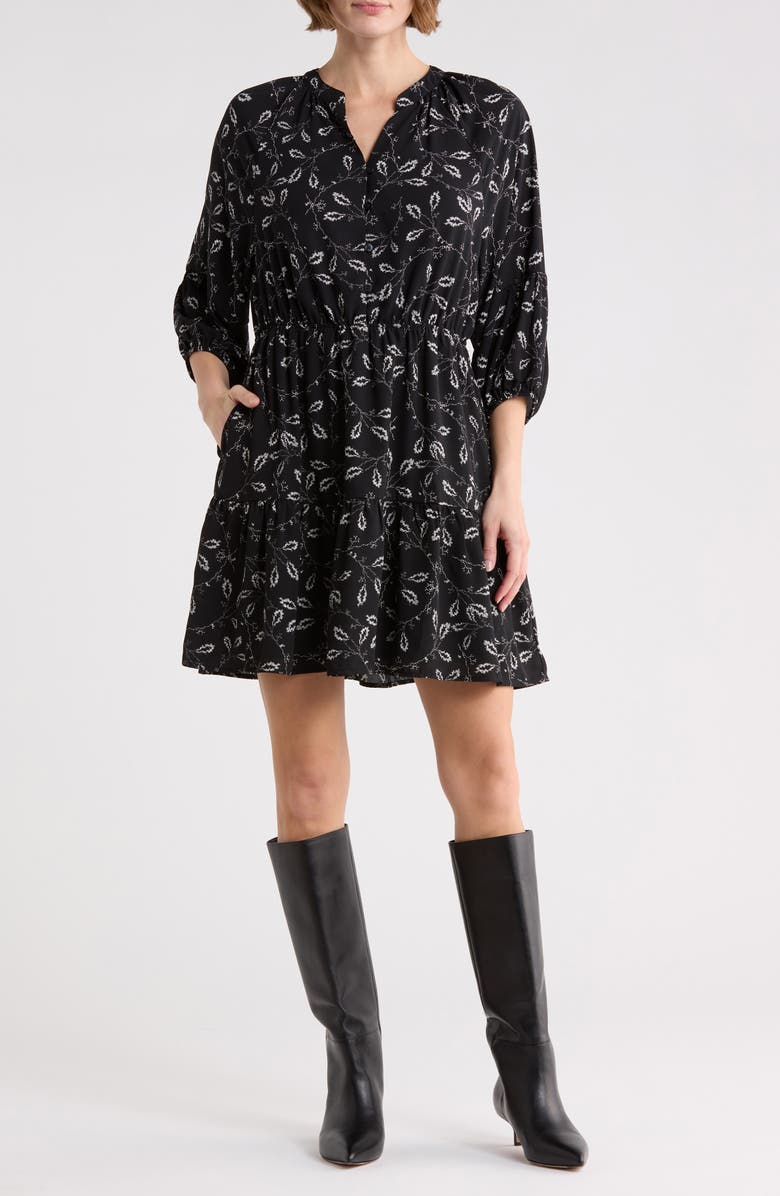 Melrose and Market Puff Sleeve Dress, Main, color, Black- Ivory Lace Stems