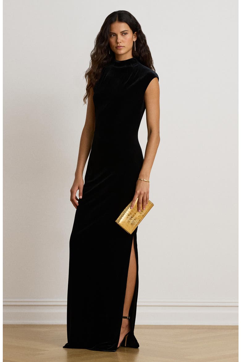 Luxe Velvet Knit Mock Neck Gown, Alternate, color, BLACK VELVET