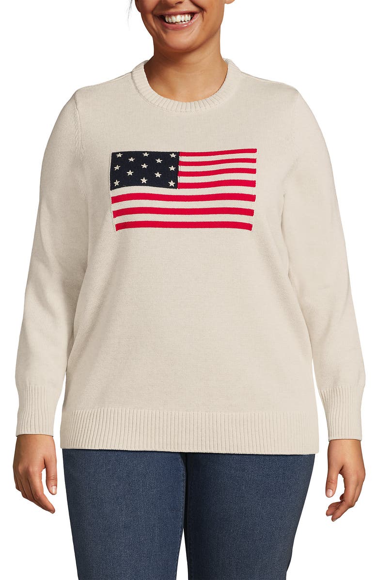 Lands' End Plus Size Drifter Crew Neck Set In Sleeve Sweater, Main, color, Oatmeal Heather Flag