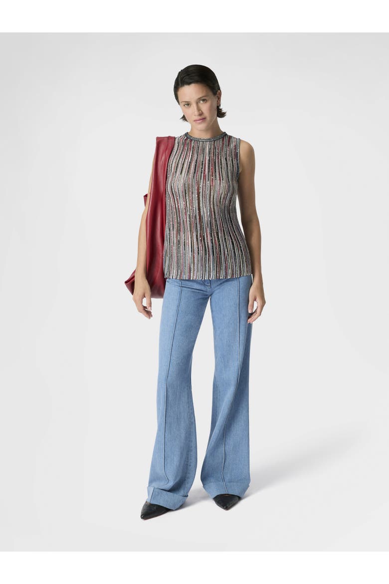 Sleeveless Top In Ribbed Viscose Blend With Sequins, Alternate, color, Silver