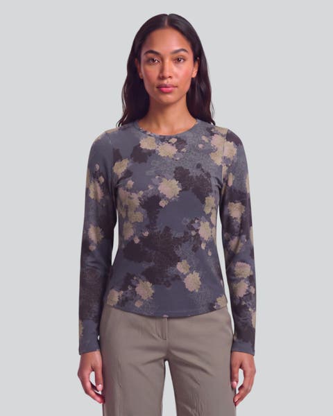 Lans Floral Womens Lyocell Stretch Crew-neck Top