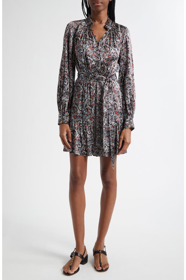 Zoella Paisley Long Sleeve Silk Blend Minidress, Main, color, BLACK MULTI
