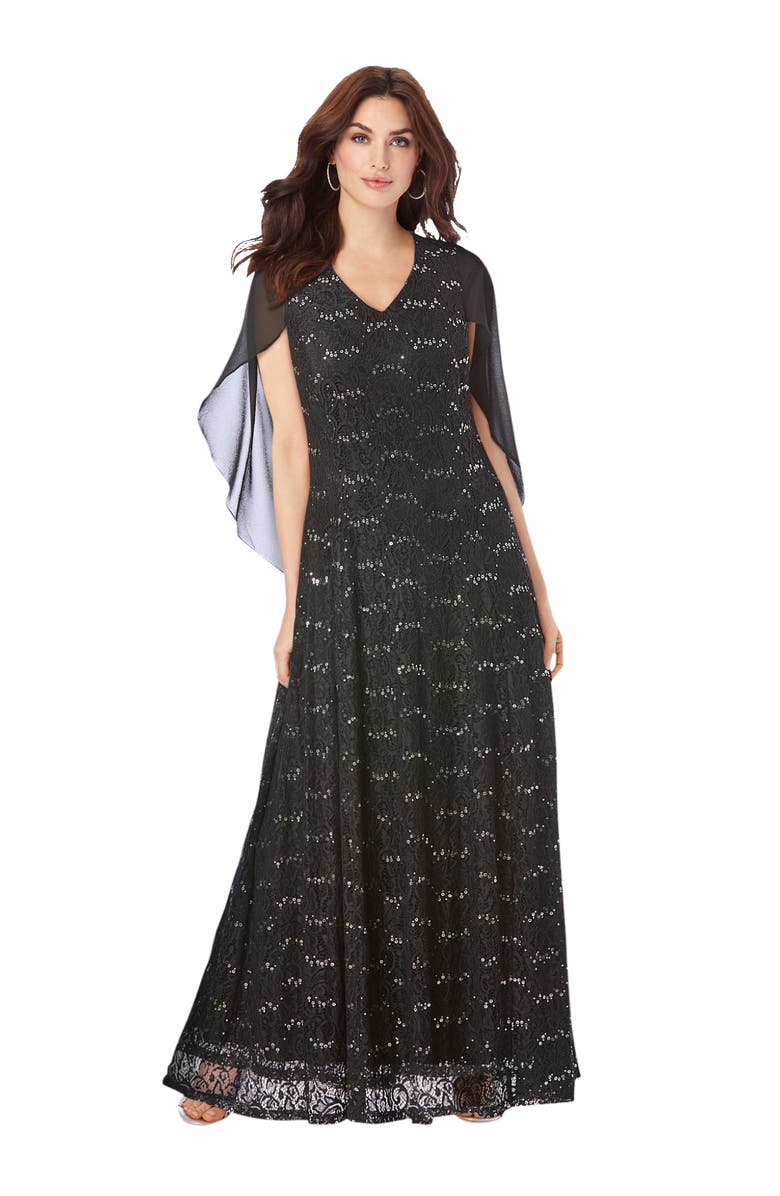 Roaman's Plus-Size Allover Lace Gown with Capelet, Main, color, Black