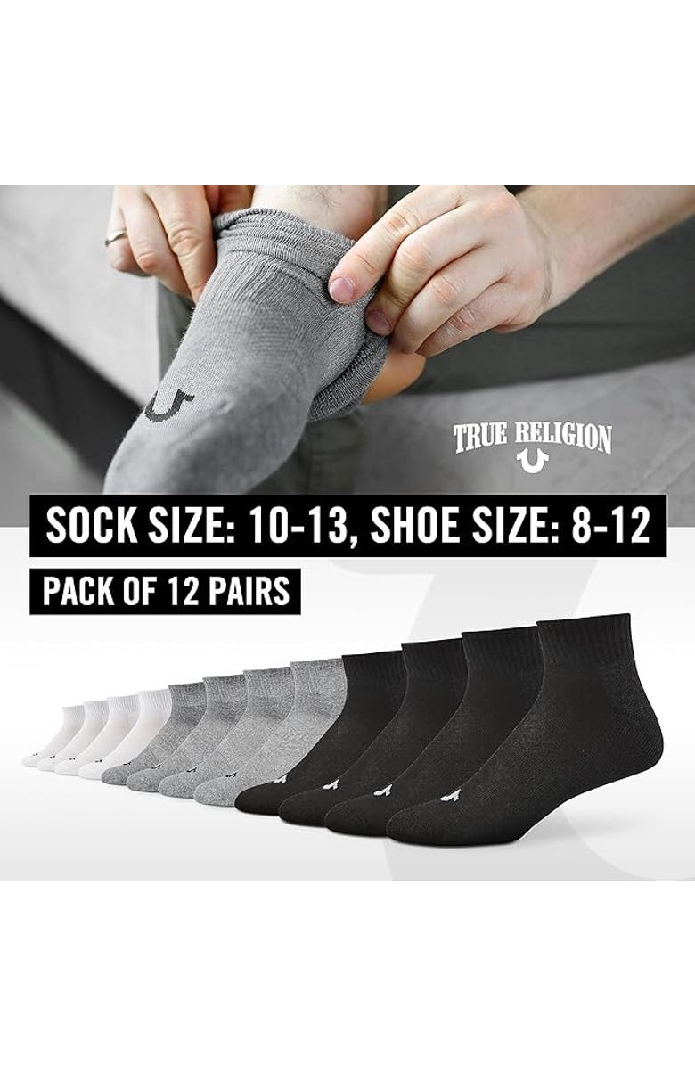True Religion 12 Pairs Quarter Premium Athletic Ankle Socks, Alternate, color, Grey/Black/White