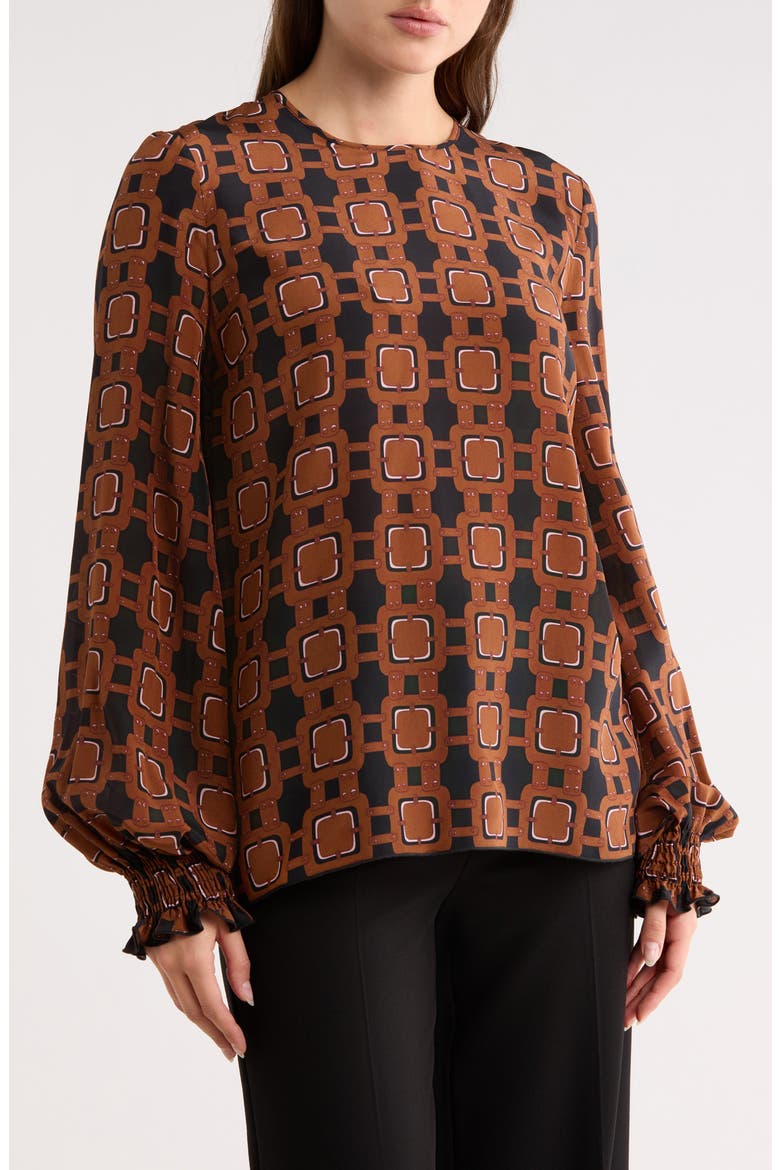 Smocked Cuff Silk Blouse, Main, color, COGNAC