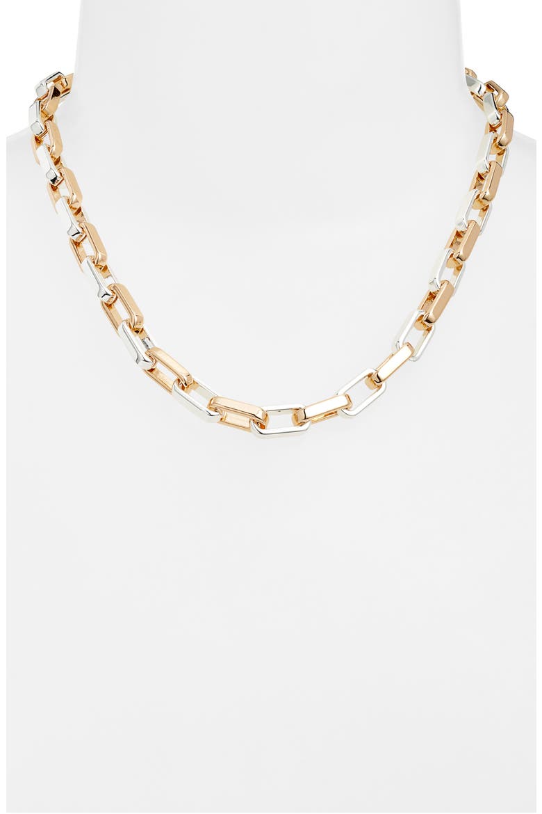 Two Tone Rectangle Link Chain Necklace, Alternate, color, GOLD- SILVER