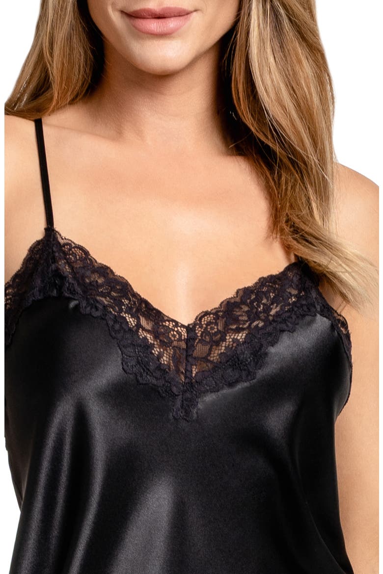 Paulina Lace Trim Satin Chemise, Alternate, color, BLACK