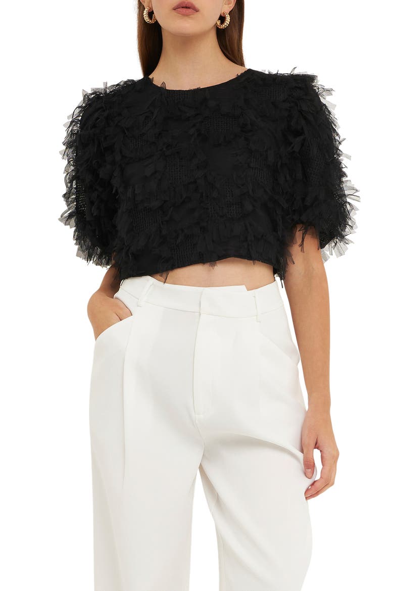 Gridded Tulle Crop Top, Main, color, BLACK