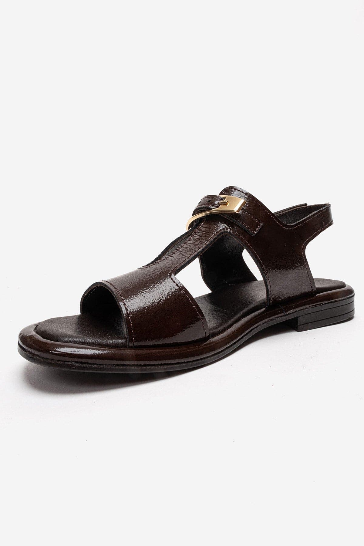 Auren Leather Buckle Sandal, Alternate, color, Brown Patent