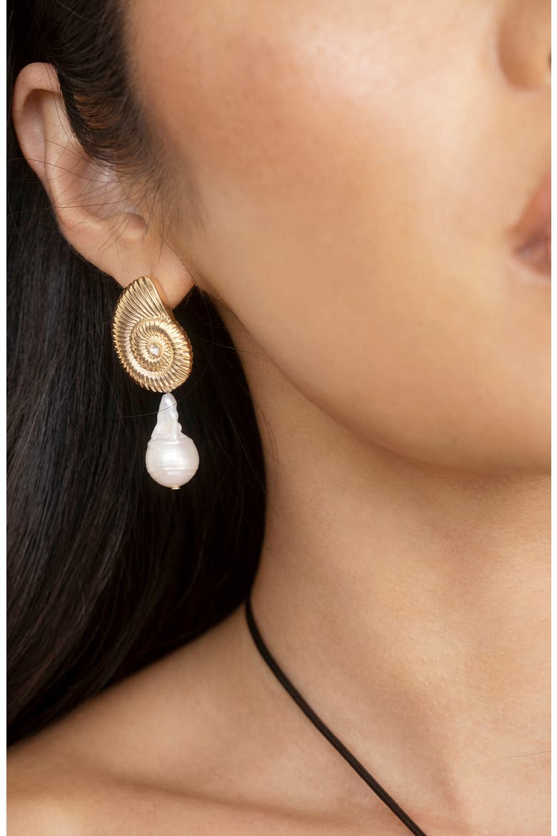 Swirl Shell Freshwater Pearl Drop Earrings, Alternate, color, GOLD