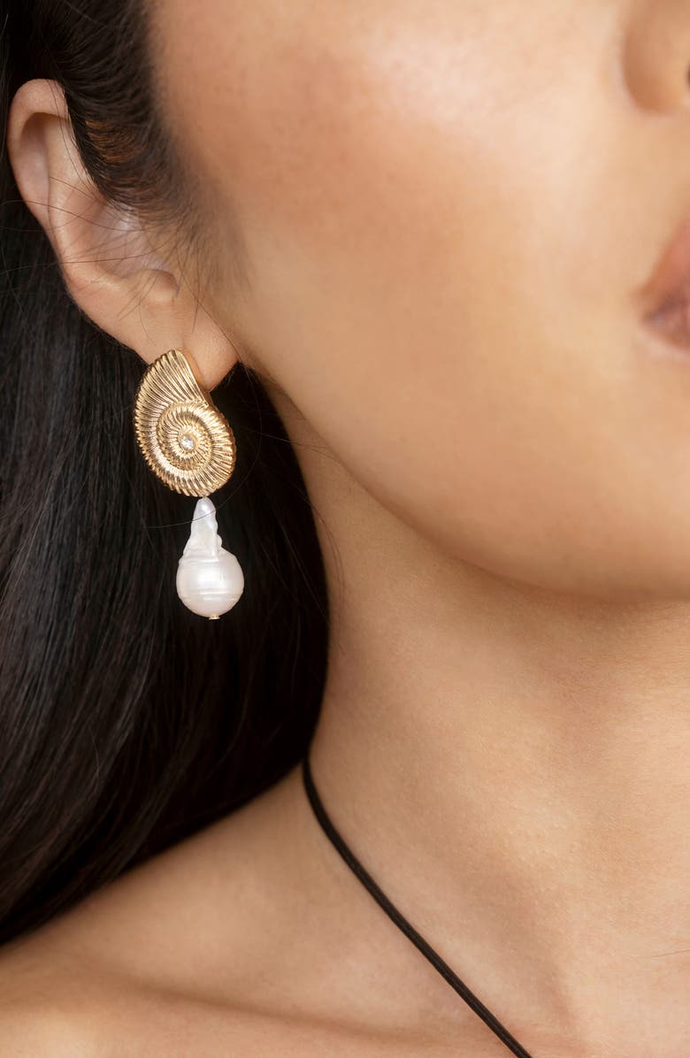 Ettika Swirl Shell Freshwater Pearl Drop Earrings, Alternate, color, Gold