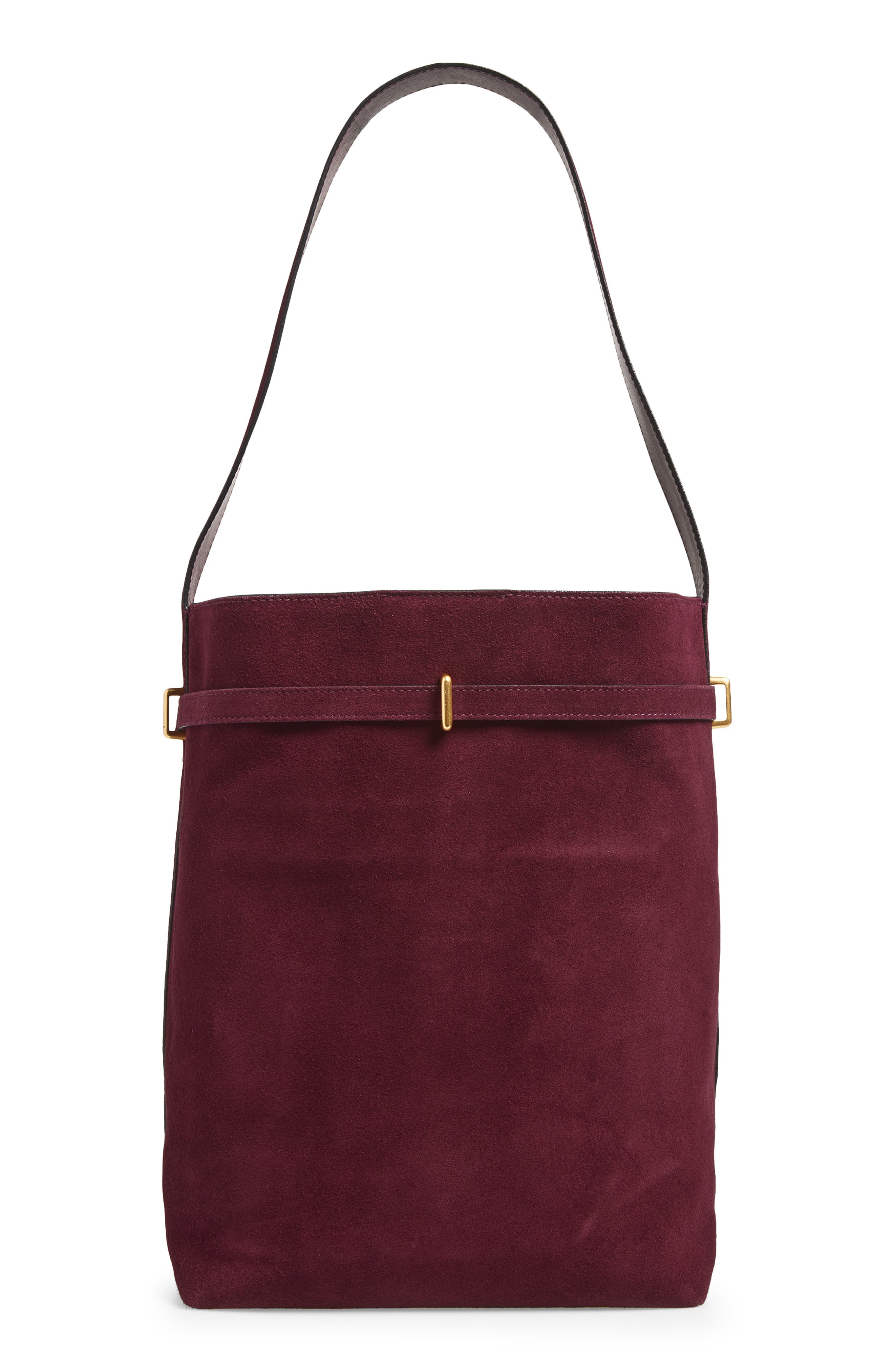 Madewell The Essential Belted Suede Bucket Tote, Alternate, color, Dark Burgundy