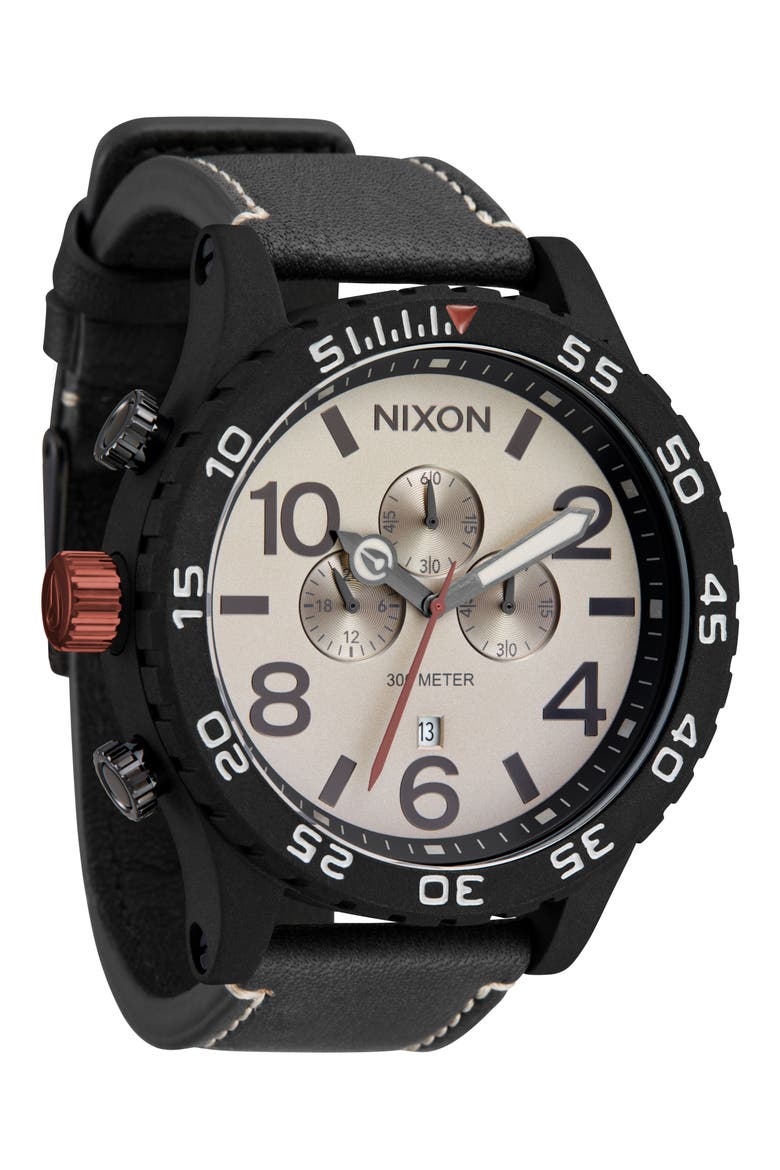 51-30 Chronograph Leather Strap Watch, 51mm, Alternate, color, BLACK / PUMICE / CHARCOAL