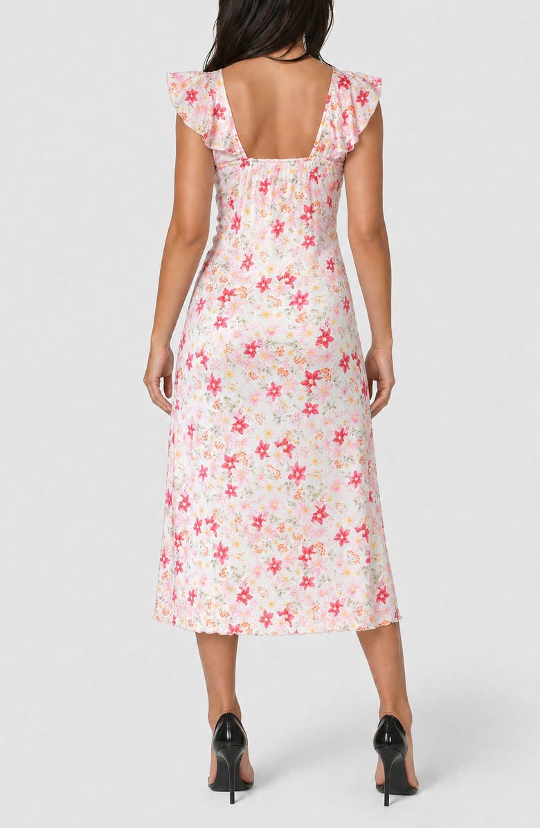 bebe Ruffle Trim Satin Midi Dress, Alternate, color, Pink Floral