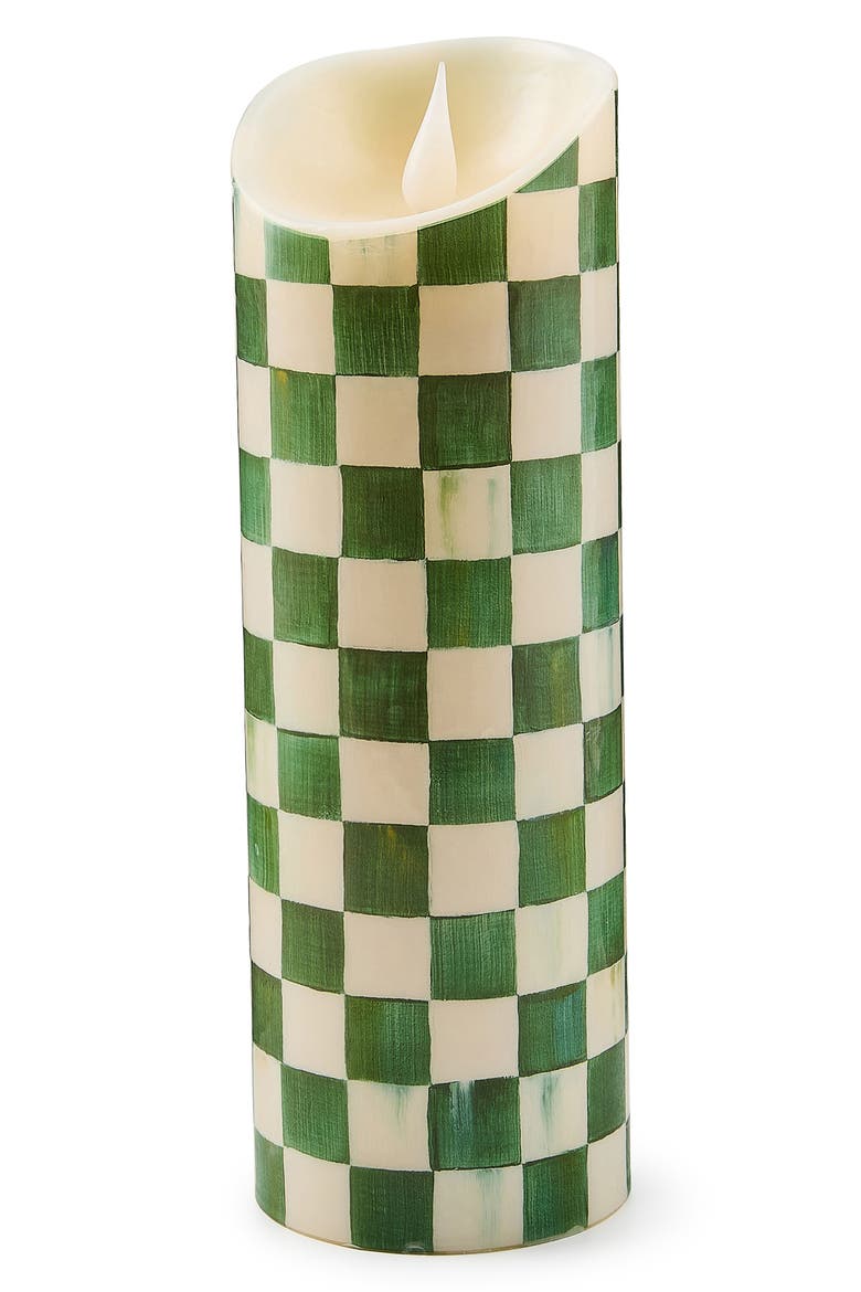Emerald Check Flameless 9-Inch Pillar Candle, Main, color, EMERALD