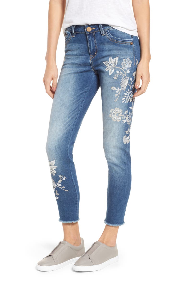 Embroidered Frayed Hem Ankle Jeans (Nordstrom Exclusive), Main, color, LIGHT BLUE / WHITE