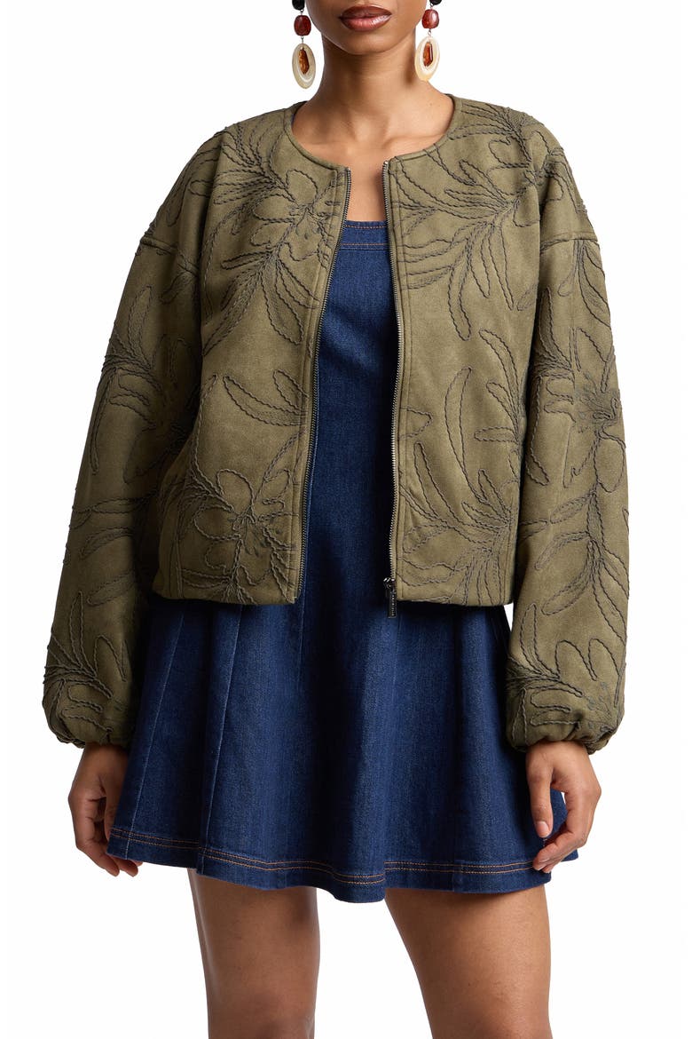 Leaf Embroidery Faux Suede Jacket, Alternate, color, FERN