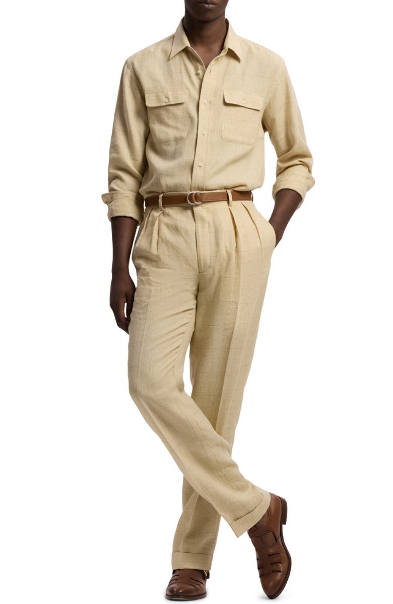 Ralph Lauren Purple Label Windowpane Plaid Linen & Silk Blend Button-Up Shirt, Alternate, color, Classic Tan