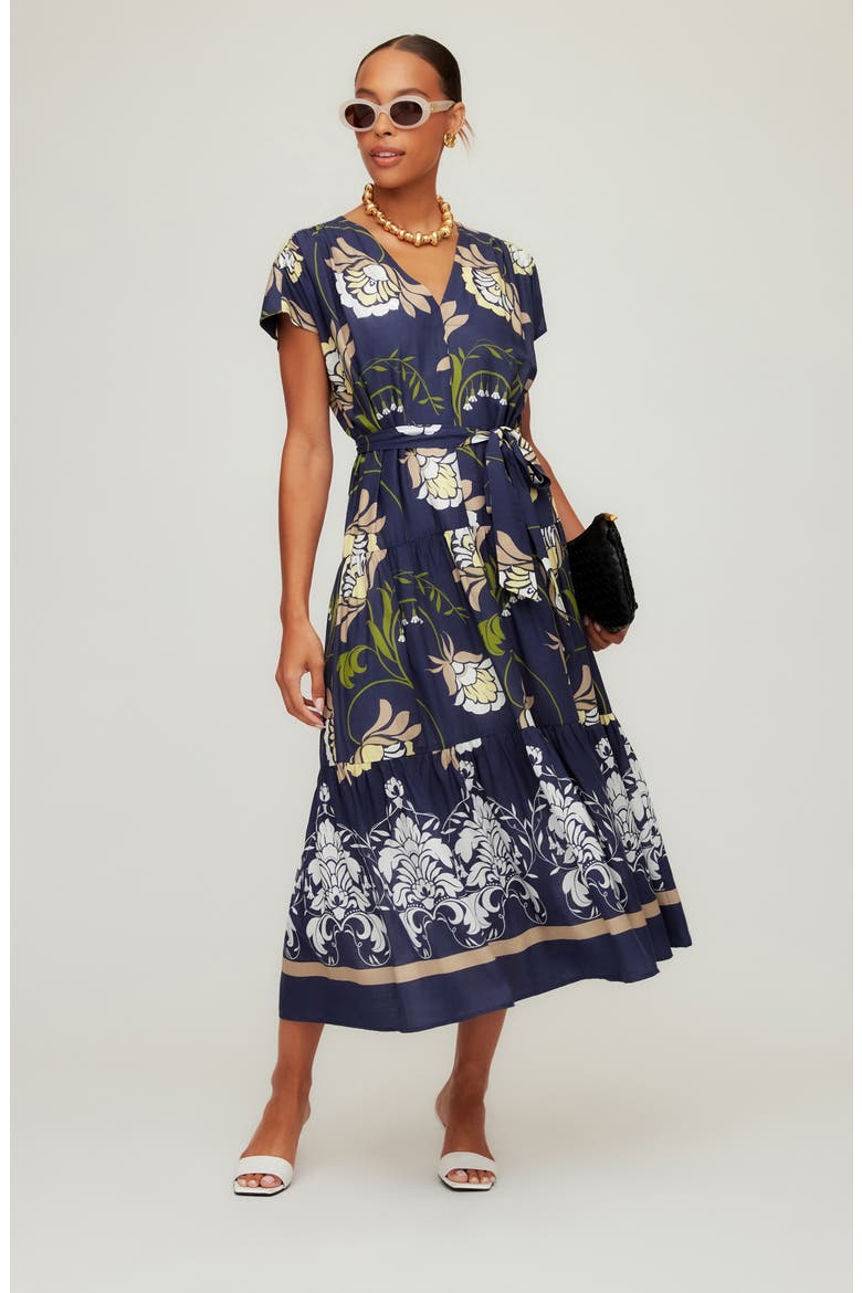 Tiered Tie Waist Midi Dress, Alternate, color, BLUE PRINT