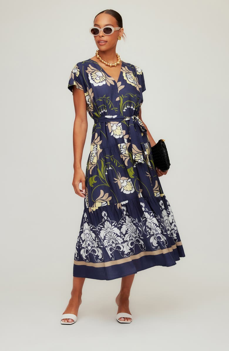 FIFTEEN TWENTY Tiered Tie Waist Midi Dress, Alternate, color, Blue Print