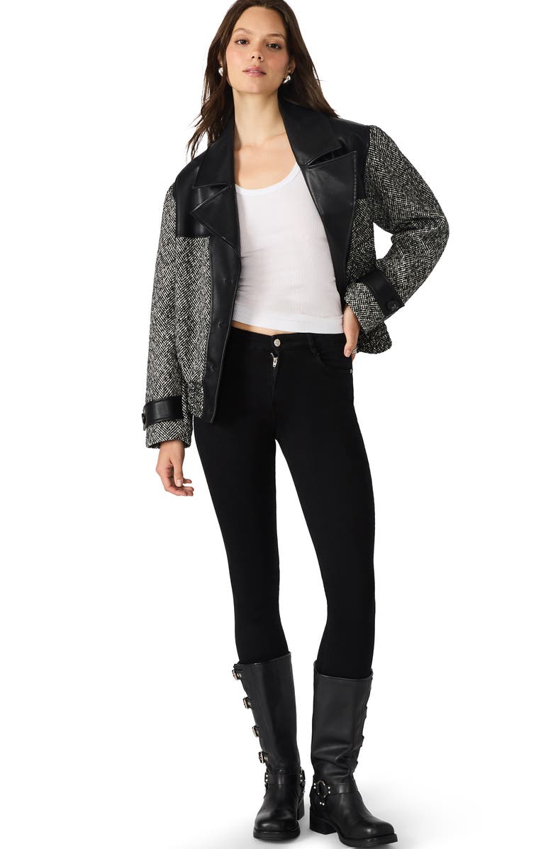 Steve Madden Mercedes Herringbone & Faux Leather Jacket, Alternate, color, Black Multi