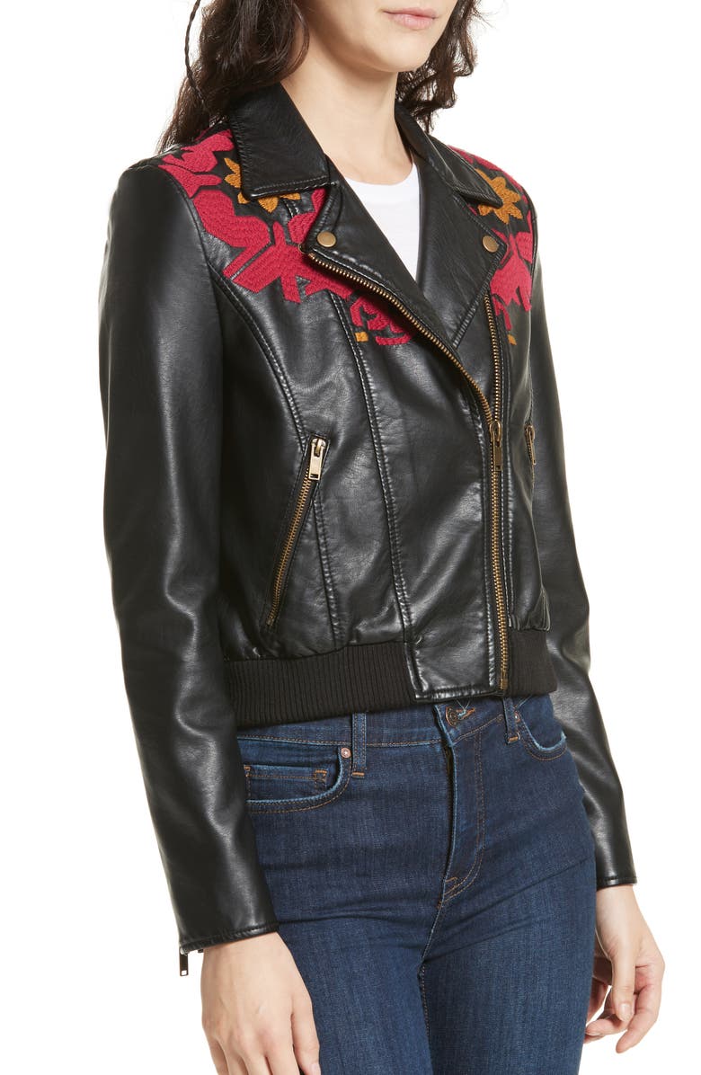 Free People Embroidered Faux Leather Moto Jacket, Alternate, color, 