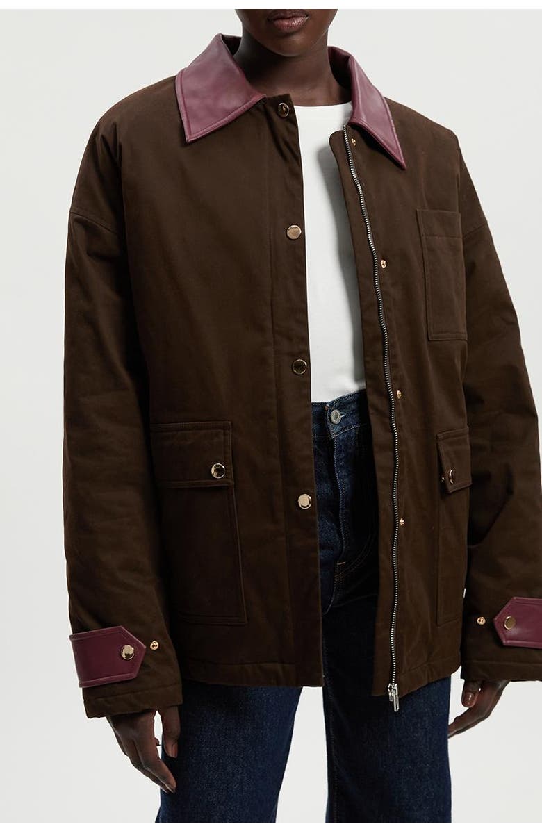 Karen Millen Quilted Contrast Collar Barn Jacket, Alternate, color, Chocolate