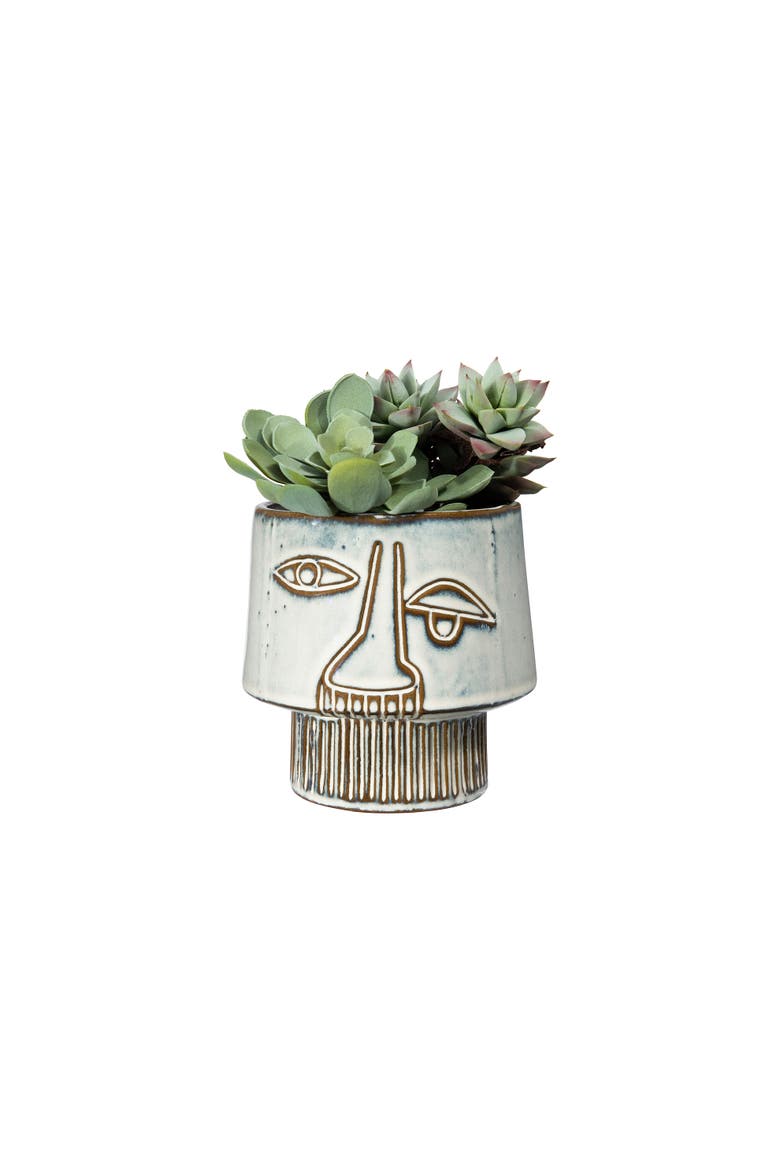 Stoneware Vase with Abstract Face Design, Alternate, color, White