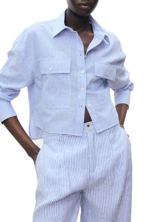 Stripe Pocket Crop High-Low Cotton & Linen Shirt