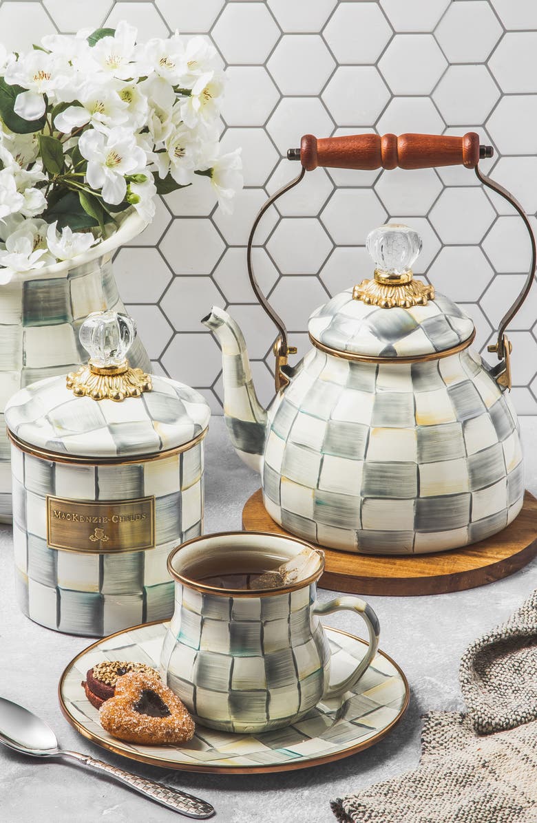 MACKENZIE CHILDS Sterling Check Enameled Steel Small Canister, Alternate, color, Grey/ White