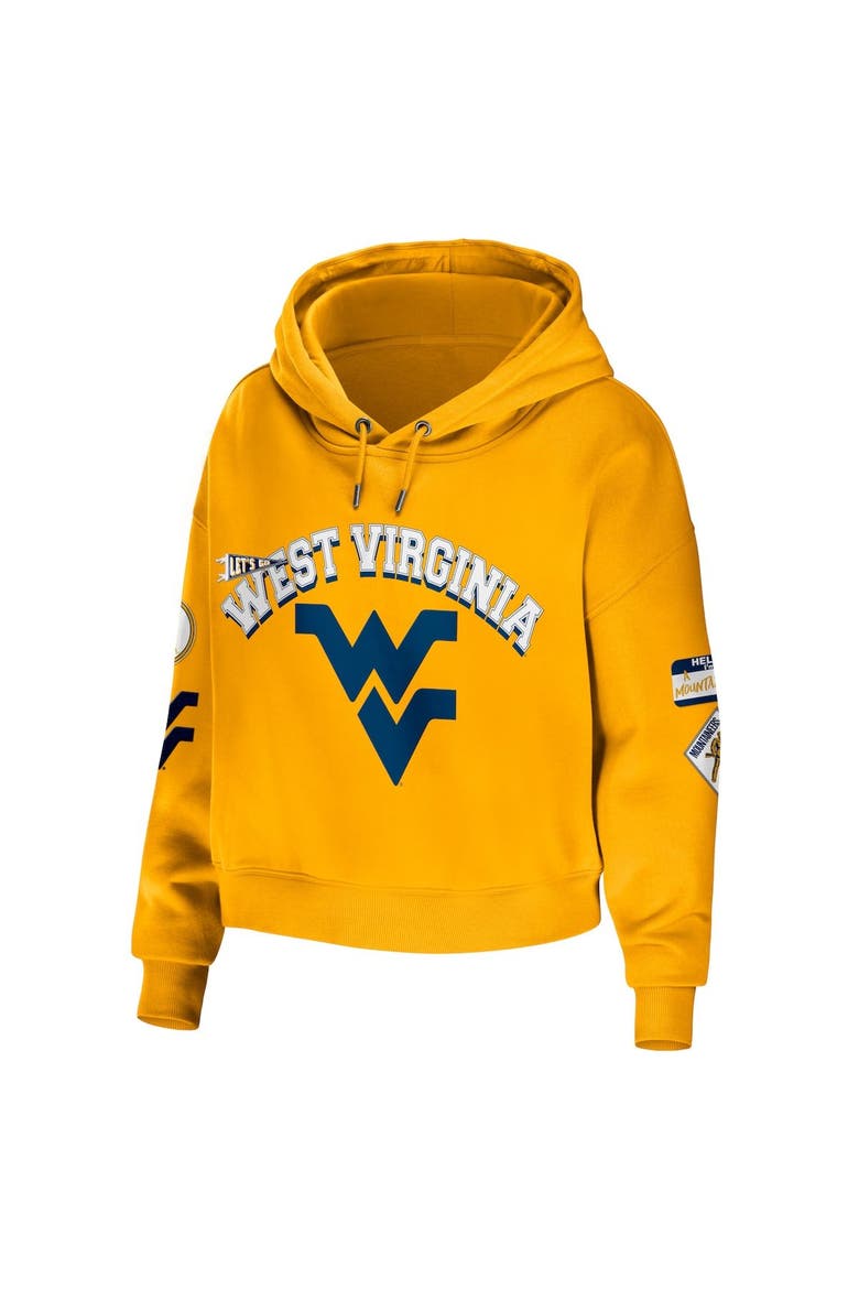 Women's WEAR by Erin Andrews Gold West Virginia Mountaineers Mixed Media Cropped Pullover Hoodie, Alternate, color, Gold