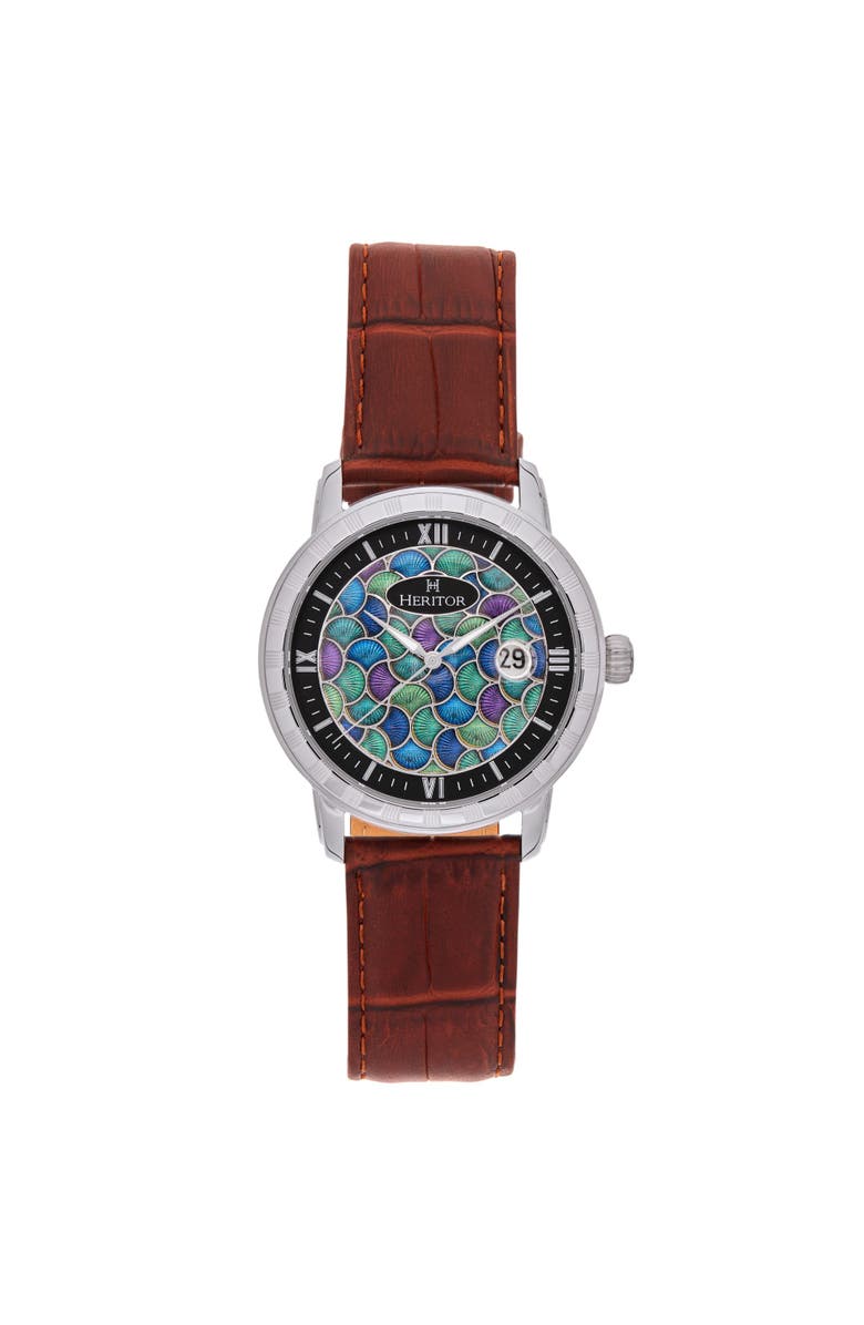Heritor Automatic Protégé Leather-Band Watch w/Date, Main, color, Silver/Brown
