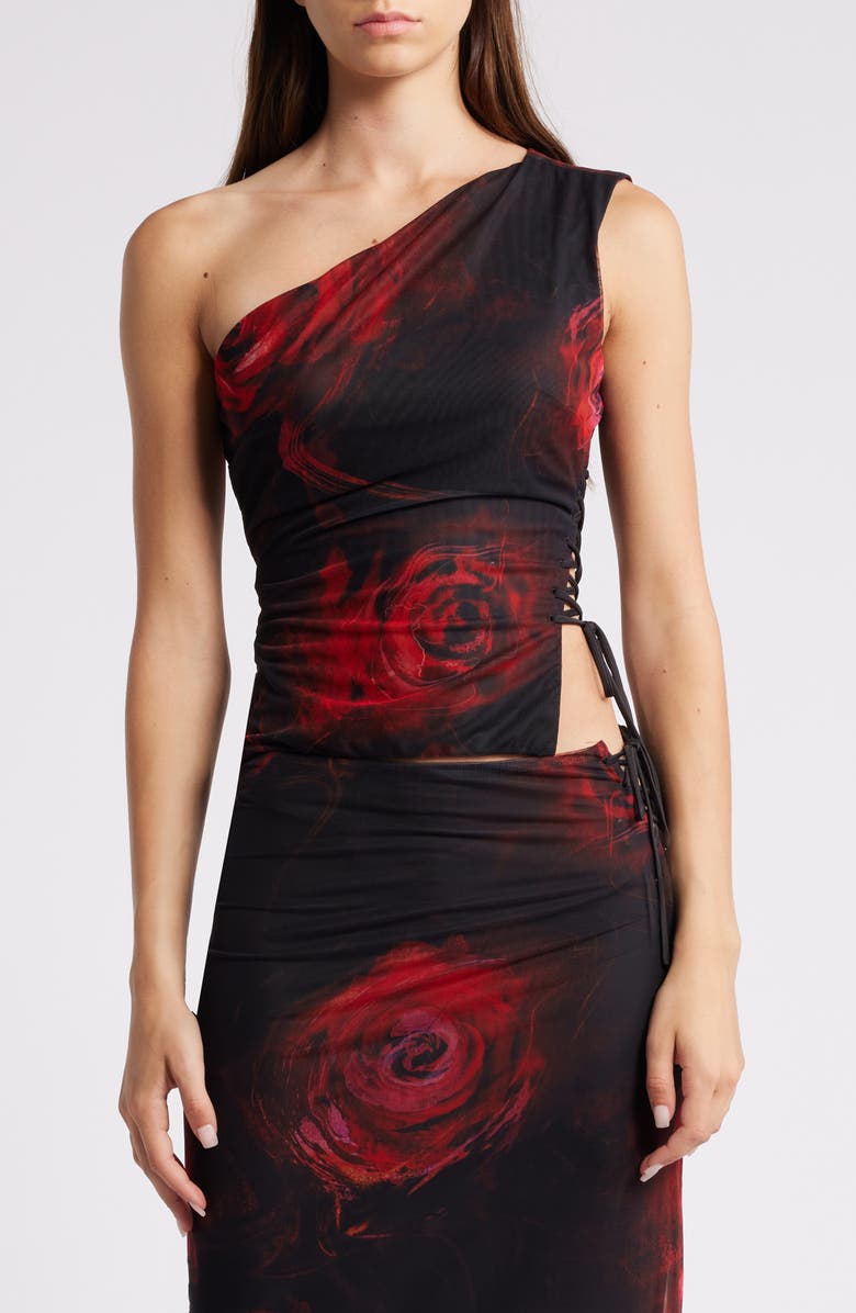 Mistress Rocks Rose One-Shoulder Lace-Up Mesh Top, Main, color, Black Rose Print