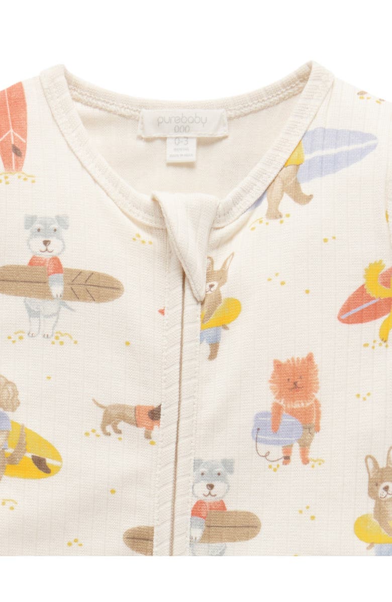 Purebaby Rib Zip Short Sleeve Romper, Alternate, color, Little Surfing Dogs Print