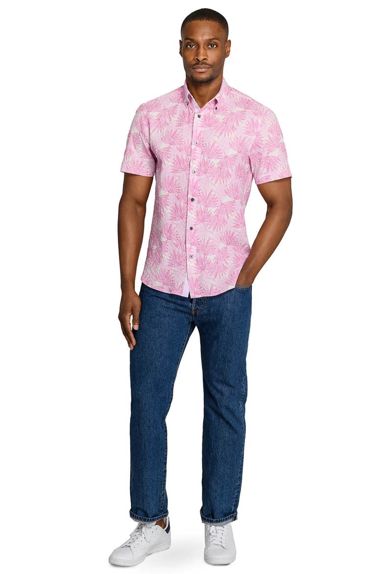 Palm Print Short Sleeve Seersucker Button-Up Shirt, Alternate, color, LIGHT PINK