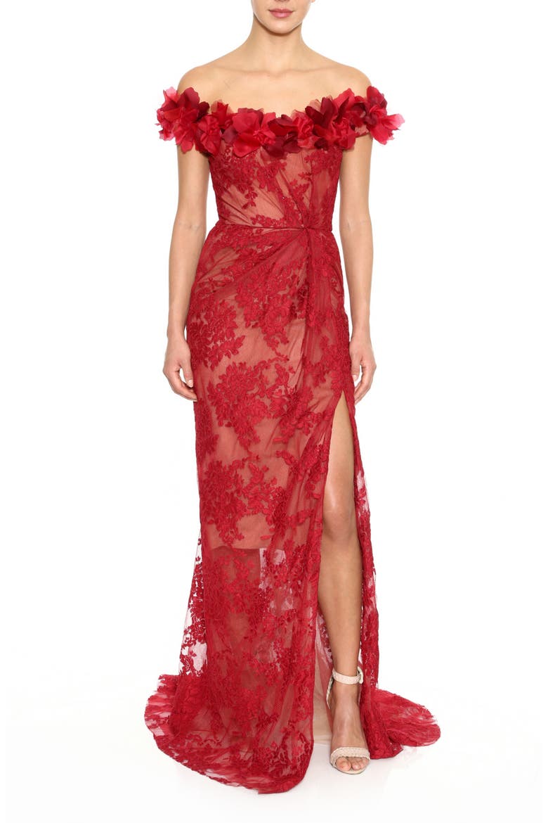 Floral Off The Shoulder Lace Gown, Main, color, SCARLET