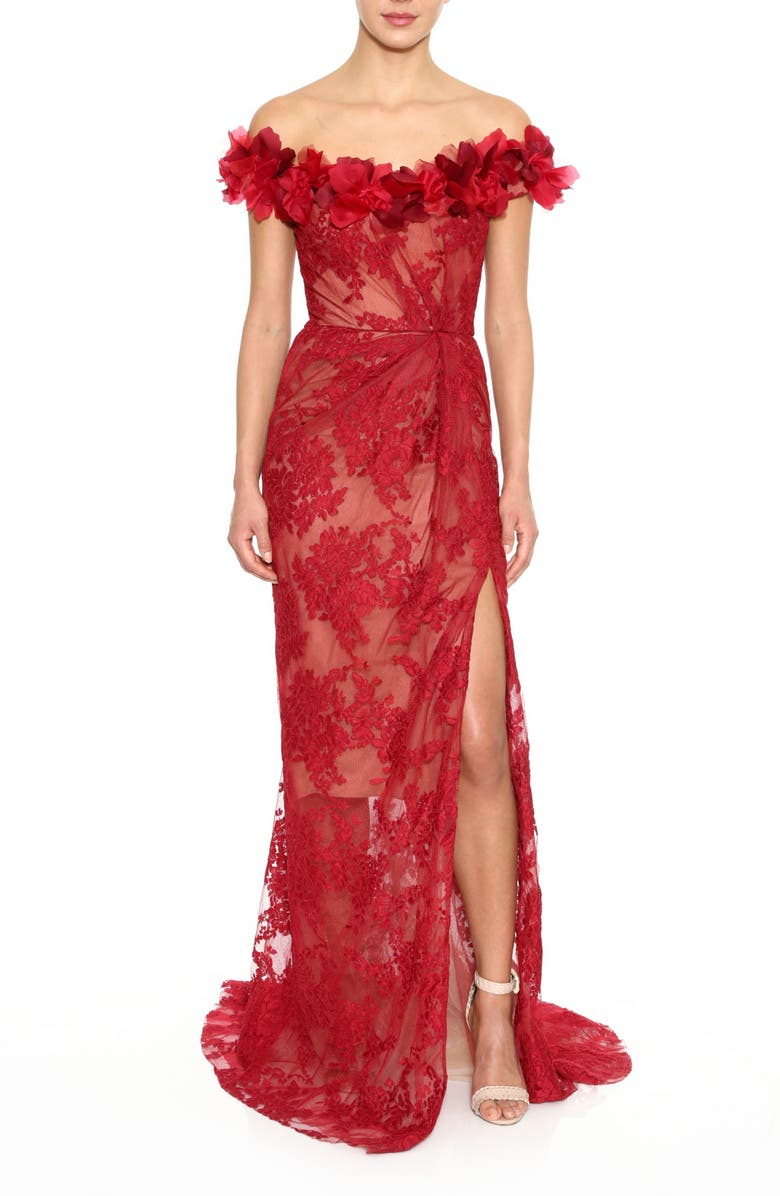 Marchesa Floral Off The Shoulder Lace Gown, Main, color,