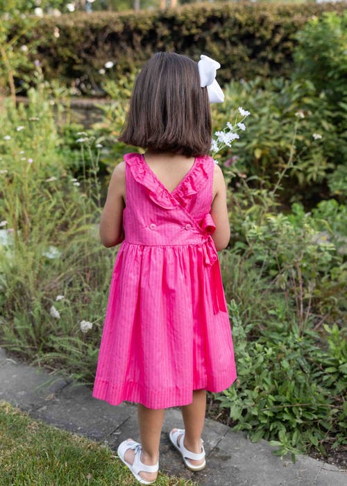Florence Eiseman Shimmer Stripe Lawn Dress With Flowers In Fuchsia
