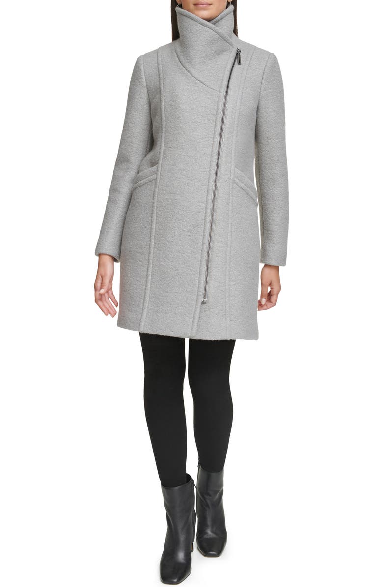 Kenneth Cole Asymmetric Zip Convertible Collar Bouclé Coat, Alternate, color, Light Grey