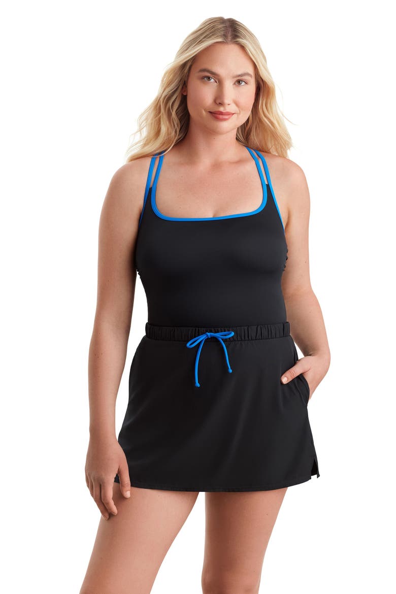 Skirted Runaround Chlorine Resistant One-Piece Swimsuit, Main, color, Blue and Black
