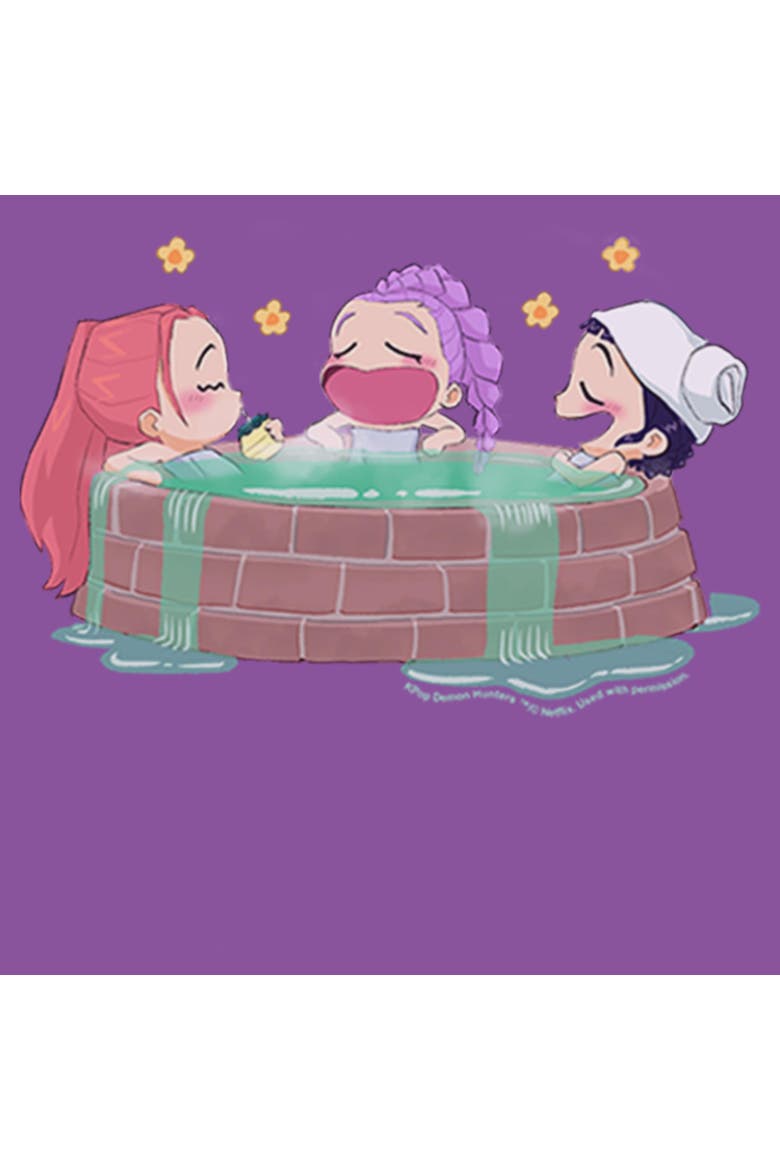 Girl's KPop Demon Hunters Rumi, Mira and Zoey Relaxing  Graphic T-Shirt, Alternate, color, Purple Berry