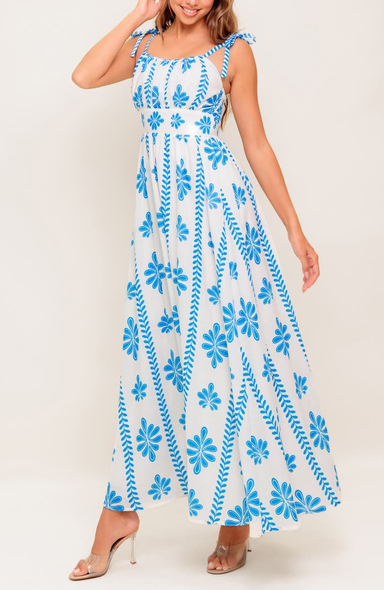 FLYING TOMATO Tie Shoulder Maxi Dress, Alternate, color, Ivory Blue