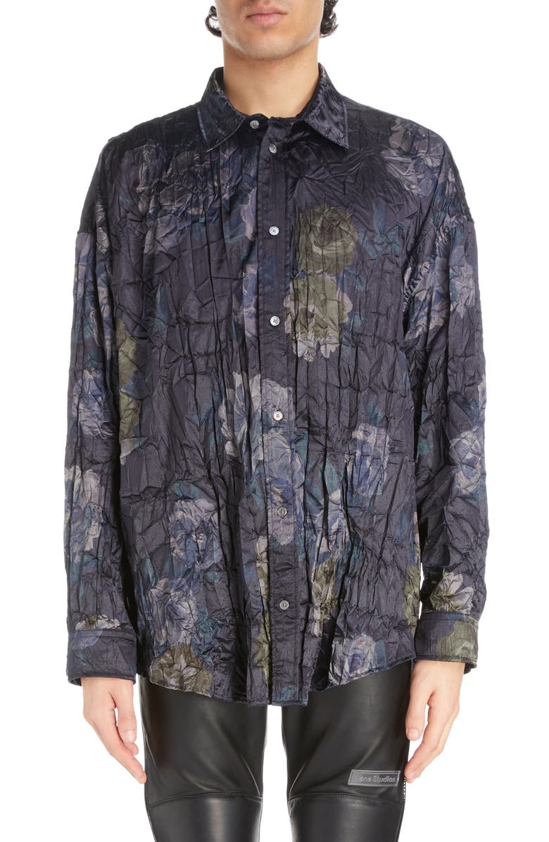 Acne Studios Floral Print Crinkled Satin Button-Up Shirt, Main, color,