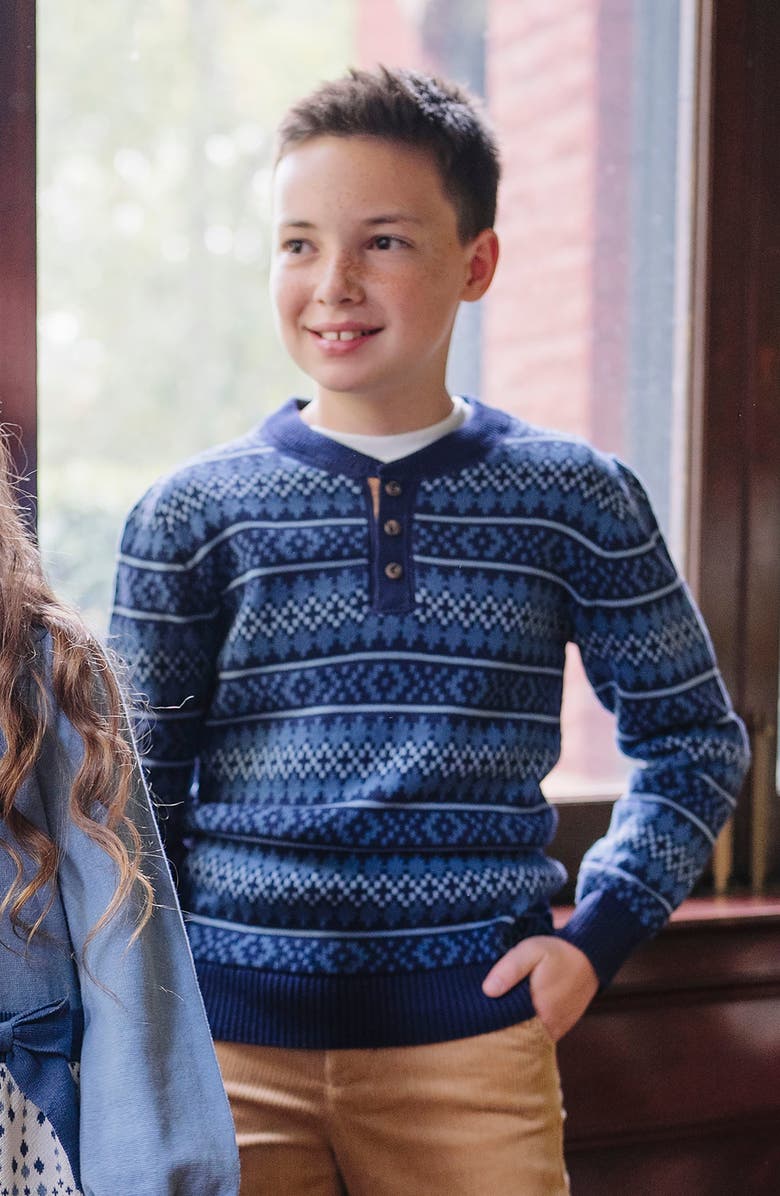 Hope & Henry Kids' Organic Long Sleeve Henley Pullover Sweater with Elbow Patches, Alternate, color, Twilight Fair Isle