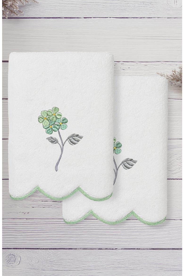 Hydea Embroidered Scallop 2-Piece Hand Towel Set, Alternate, color, WHITE/ GREEN