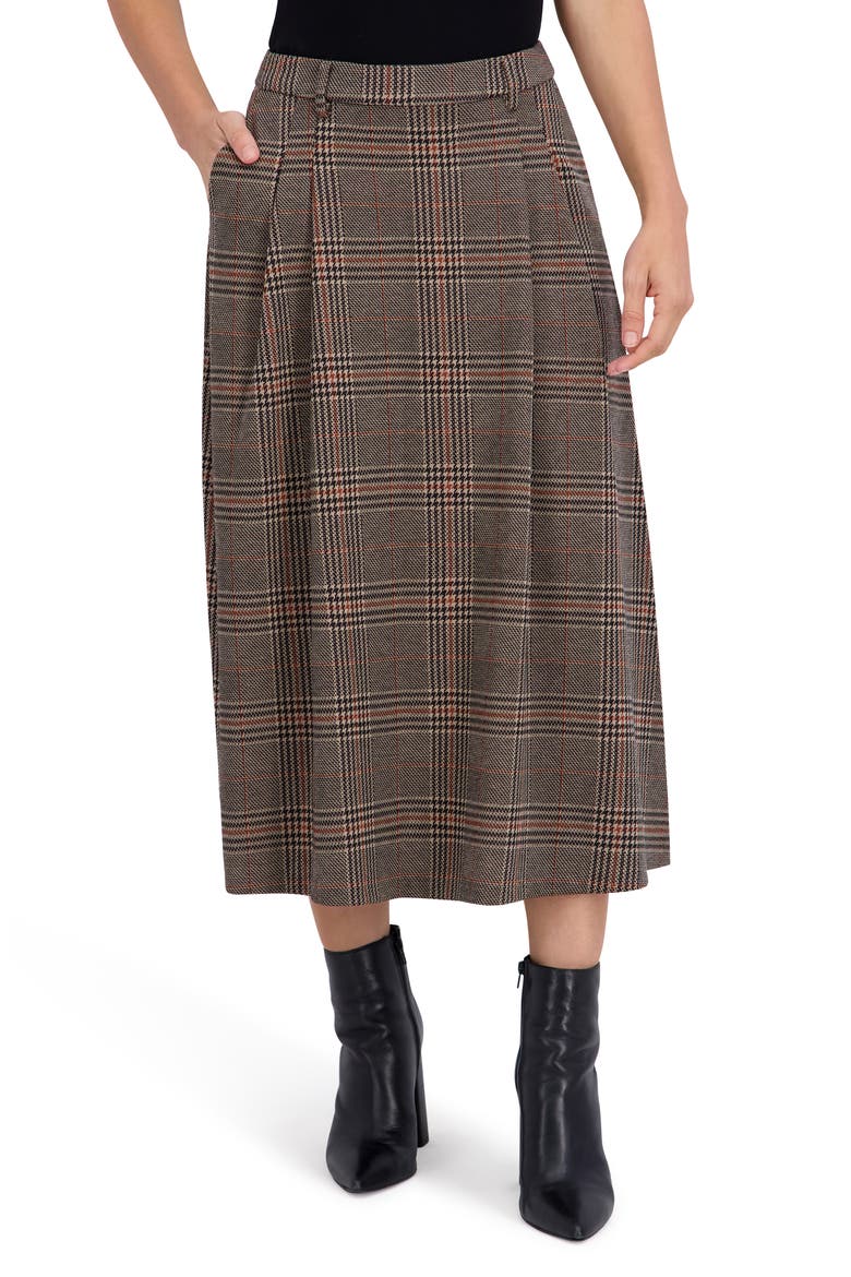 Plaid Pleated Midi Skirt, Alternate, color, BLACK/ BROWN/ CAMEL